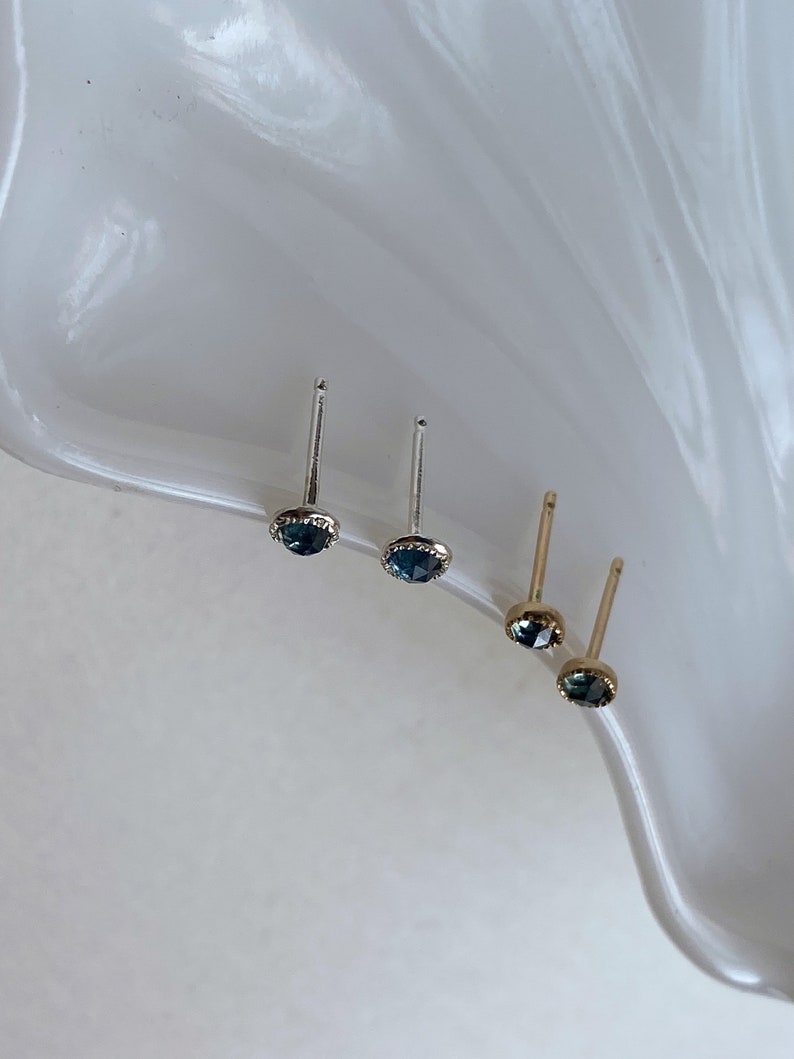 Handmade Dainty Blue Rose-cut Montana Sapphire Stud Earrings. Choose Between 14k Yellow Gold or Sterling Silver. The perfect holiday gift image 3