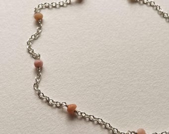 Sterling Silver and Hand-wrapped Pink Opal Rondelle Layering Necklace, 16" Long.