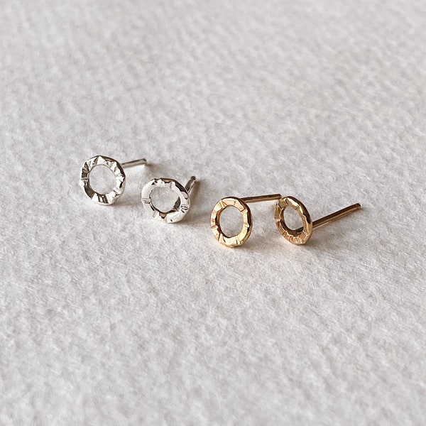 Hand Crafted Asymmetrical Hammered Circle Stud Earrings in Polished 14k Gold or Sterling Silver. Dainty, Light Catching Everyday Studs.