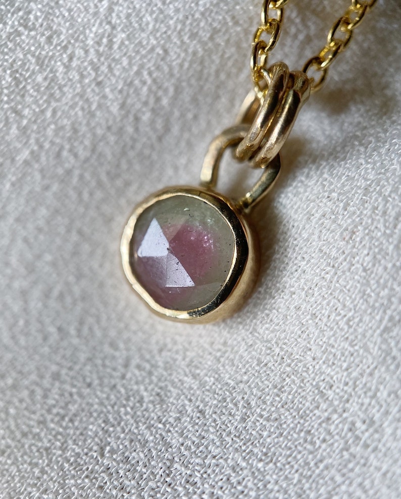 Watermelon Tourmaline Pendant Hand Crafted in 14k Yellow Gold & Sterling Silver. Choose Between Solid 14k, Gold Filled, or Sterling Chain image 2
