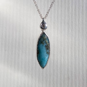Unique Marquise Larimar Cabochon and 2mm Round Moissanite Necklace Hand Made in Sterling Silver. Hammer Set Bezel Pendant. Ready to Ship. image 1