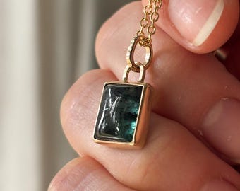 Teal Blue Rectangular Tourmaline Layering Necklace Handmade in Solid 14k Yellow Gold. | Choose from several different metals for your chain!