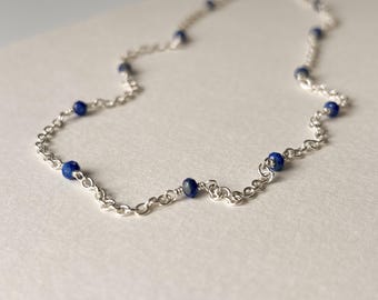 Sterling Silver and Hand-wrapped Blue Lapis Lazuli Rondelle Layering Necklace, measuring 16" Long.