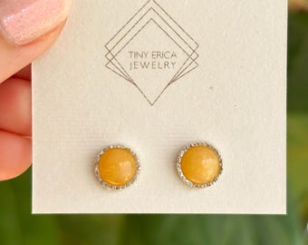 Vivacious Yellow Pineapple Jasper Stud Earrings Handmade in Sterling Silver || Ready to ship. Birthday, holiday, or anniversary gift ideas.