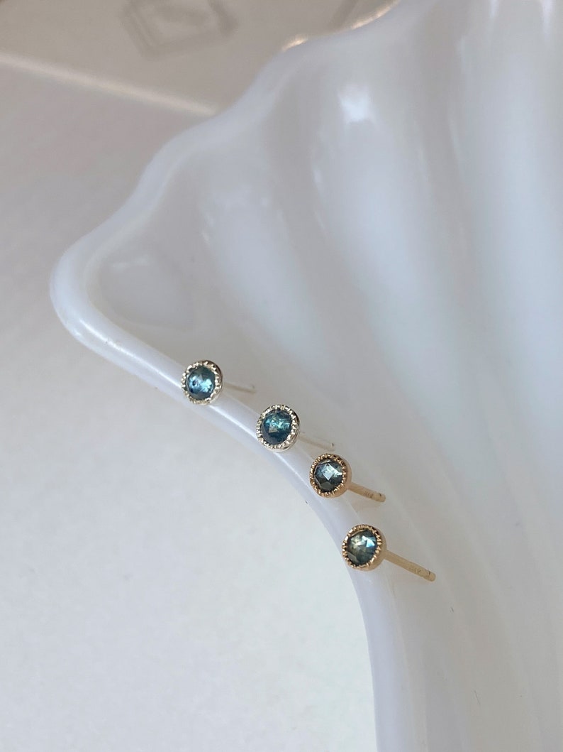 Handmade Dainty Blue Rose-cut Montana Sapphire Stud Earrings. Choose Between 14k Yellow Gold or Sterling Silver. The perfect holiday gift image 1