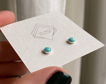 Summery 4mm Blue - Teal Amazonite Stud Earrings Handmade in Sterling Silver. Ready to ship. Featuring a sweet light-catching hammer texture.