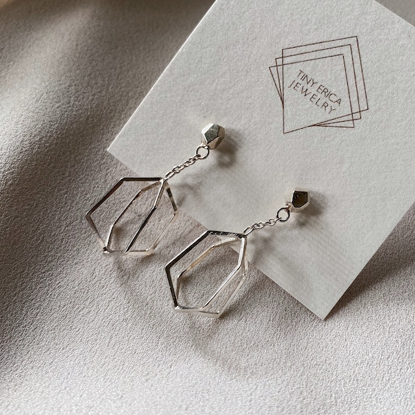 Lightweight Geometric Seed Shape Cages Earrings Hand Fabricated in Sterling Silver. Size Medium. Post Backs. Ready to ship holiday gift!