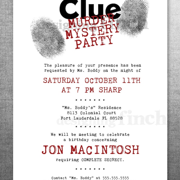 Clue Birthday Invitation, Murder Mystery Party, Customizable, Printable #134