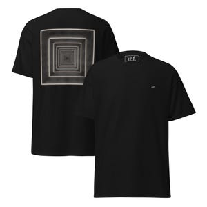 May include: A black short-sleeve t-shirt featuring a small white "inf." logo on the chest and a large graphic on the back displaying a series of nested white squares creating a tunnel effect. The inner neck label also displays the text "inf.".