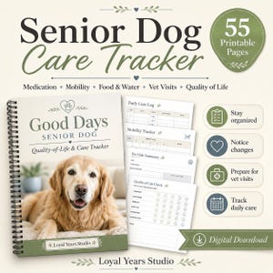 Op de afbeelding: Een printbare zorgtracker voor senior honden met 55 pagina's en een golden retriever op de omslag. De tracker bevat secties voor medicatie, mobiliteit, voeding, water, dierenartsbezoeken en levenskwaliteit met een spiraalbinding.