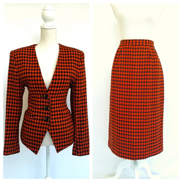 Vintage Womans Skirt Suit / Oleg Cassini / Jackie O / Orange and Black Houndstooth / 2 Piece / Size 8