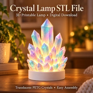 May include: A digital download for a 3D printable crystal lamp STL file. The lamp features a cluster of iridescent, translucent crystals in shades of blue, pink, and yellow, illuminated from within and mounted on a solid white circular base.
