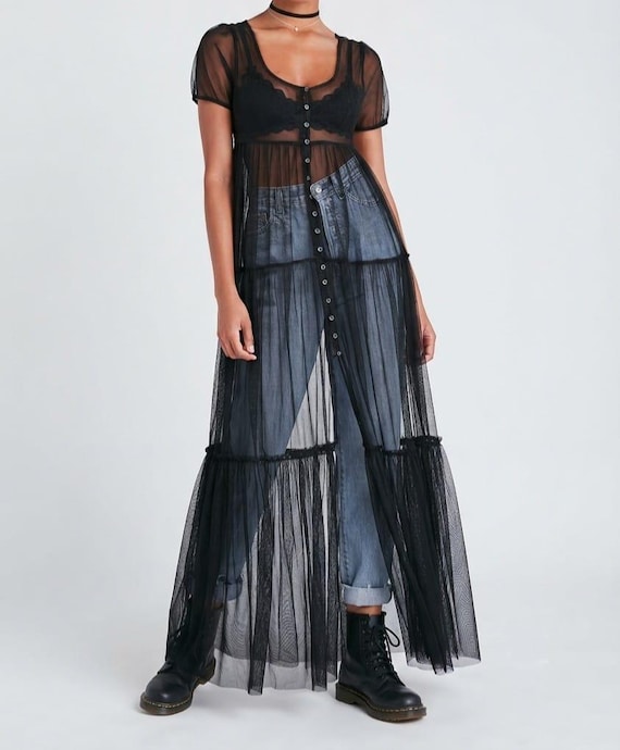 black mesh layered dress Sheer Tulle Maxi Dress, Gothic Overlay Dress, Button Front See Through Cover Up, Tulle Dress, Custom Size, all colors Holiday-25