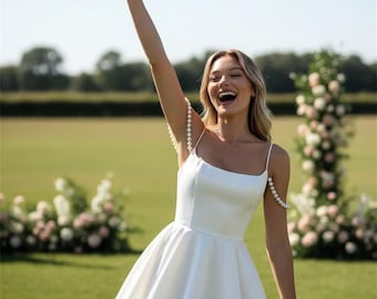 Pearl Strap White Mini Bridal Dress, Modern Satin Fit Flare Reception Outfit