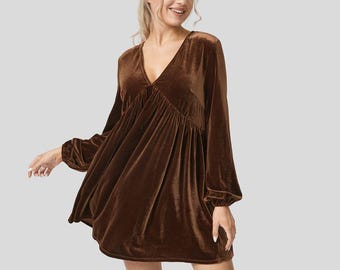 Customizable Brown Velvet Mini Dress, V-Neck Babydoll, Long Sleeves (All Colors)