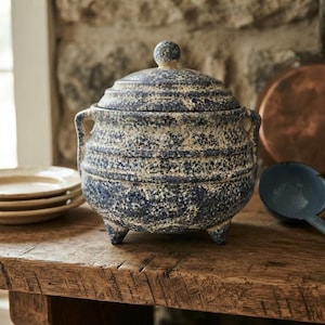 May include: A round, three-legged ceramic pot with a matching lid, featuring a blue and white speckled pattern. The pot has two side handles and a rounded body with horizontal ridges, providing a textured appearance for kitchen storage.