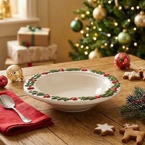 May include: A round, cream-colored ceramic bowl featuring a raised, hand-painted border of green holly leaves and bright red berries around the rim. The bowl has a smooth, glossy finish and a wide, shallow basin design.