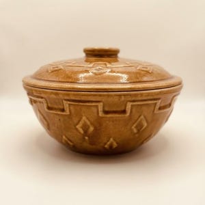 Vintage Brown Ceramic Casserole Dish with Lid, Aztec Geometric Relief Pottery