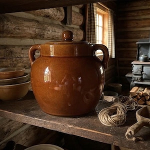 May include: A large, round, brown glazed ceramic crock with two side handles and a matching lid, positioned on a wooden shelf next to a stack of three nested bowls, a coil of natural jute twine, and a small wooden scoop with a handle.