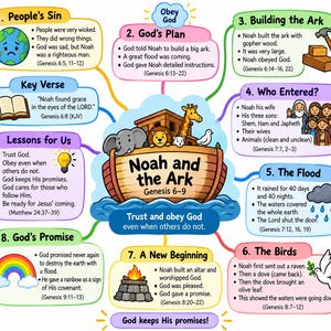 May include: A colorful educational infographic titled Noah and the Ark, Genesis 6-9, featuring a central illustration of an ark with animals. Eight numbered sections detail the biblical story with text, icons, and bullet points about the narrative.