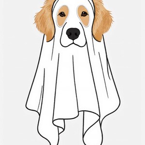 May include: A digital illustration of a golden retriever dog wearing a white sheet over its body like a ghost costume. The dog has light brown ears, dark brown eyes, and a black nose, with the white sheet draped over its head and shoulders.