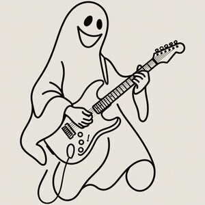 May include: A black and white line art illustration featuring a ghost character with a smiling face playing an electric guitar. The ghost is depicted in a simple, continuous outline style, holding the guitar with both hands while strumming.