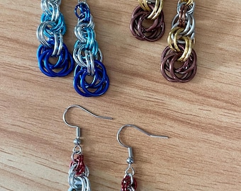 Chainmaille Dangle Earrings, Anodized Aluminum, Lightweight