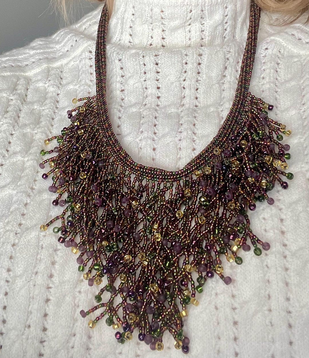 Beaded Fringe Bib Necklace - Etsy