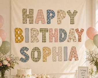 Custom Happy Birthday Fabric Banner, Cottagecore Birthday Party Backdrop, First Birthday Decor