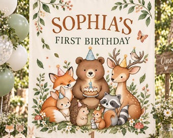 Banner voor de eerste verjaardag met bosdieren, achtergrond voor een verjaardag met wilde dieren, feestdecoratie met bosdieren, gepersonaliseerd bord voor de eerste verjaardag