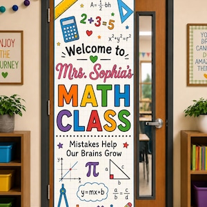 May include: A vertical door banner featuring the text Welcome to Mrs. Sophia's MATH CLASS and Mistakes Help Our Brains Grow. The white background is decorated with colourful math symbols, including a calculator, ruler, pi, and equations.