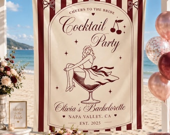Custom Cocktail Party Bachelorette Tapestry, Personalized Bride Photo Backdrop for Bachelorette Weekend Decor, Pink Red Bach Party Banner