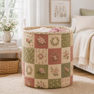 Vintage Floral Quilted Laundry Basket, Cottagecore Laundry Hamper, Patchwork Nursery Storage Bin, Fabric Basket Decor