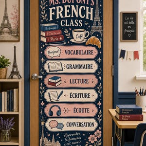 May include: A vertical door banner featuring a dark blue background with the text "WELCOME TO MS. DUPONT'S FRENCH CLASS". It includes illustrations of the Eiffel Tower, books, a coffee cup, a croissant, and six labelled sections for language learning.