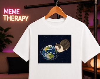 Cat Licking Earth Meme T-Shirt, Earth Spinning Cat Shirt, Funny Space Cat Tee, Cosmic Cat Meme, Internet Meme T-Shirt