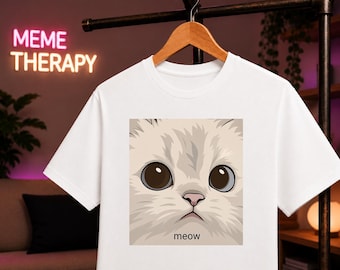 Cute Meow Cat Meme Shirt, Sad Cat T-Shirt, Funny Cat Graphic Tee, Minimalist Cat Meme Shirt, Cat Lover Gift