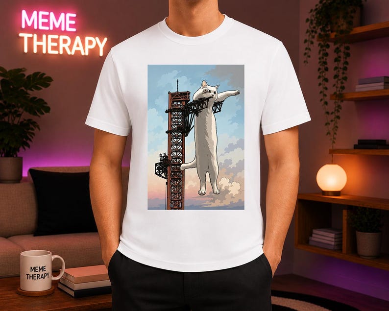 May include: A white t-shirt featuring a graphic print of a long, white cat standing upright on a tall, red metal industrial tower structure against a light blue sky with clouds. The cat is positioned vertically, gripping the tower structure.