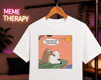 Funny Wolf Sheep Hug Shirt, Dark Humor Meme T-Shirt, Cute Animal Graphic Tee, If You Feel Sad I Can Eat You Shirt