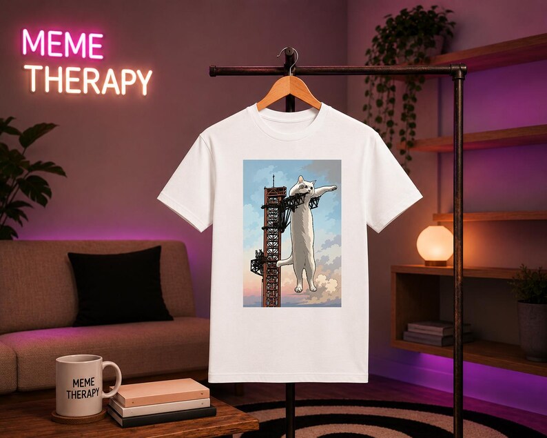 May include: A white short-sleeved t-shirt featuring a graphic print of a large white cat clinging to a tall, narrow, red-brown metal tower structure against a light blue sky with clouds. The shirt has a crew neckline and a standard straight hem.