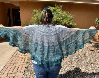 Wool Silk Crochet Shawl, Teal Gray Lace Wrap, Lightweight Wedding Guest Layer