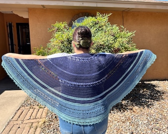 Crochet Summer Shawl, Half Circle with Open Stitch, Blue and Teal Stripes in Cotton Blend
