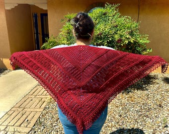 Crochet Triangle Shawl, Red Rayon Bamboo Lace Wrap, 61-Inch Evening Layer