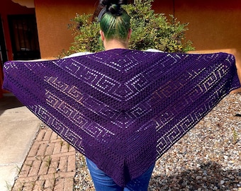 Purple Crochet Shawl, Bamboo Cotton Blend Triangle Wrap with Open Lace