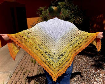 Triangle Shawl Wrap, 100% Cotton Openwork Crochet in Yellow and White