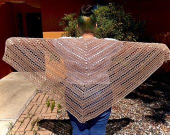 Crochet Shawl, Lightweight Summer Evening Wrap, Beige Open-Weave Triangle Design