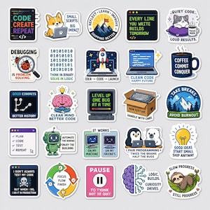 May include: A collection of twenty-five colorful vinyl stickers featuring programming and software development themes. Designs include illustrations of a corgi, a rocket, a brain, a penguin, a polar bear, and a sloth, alongside text like Code Create Repeat.