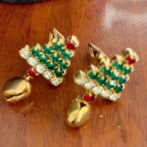 Vintage clip-on rhinestone Christmas tree earrings with bells