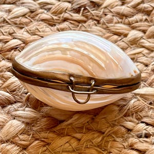 May include: A pearlescent, clam-shaped trinket box with a hinged lid and a brass-colored metal frame. The box is resting on a woven, tan-colored surface. The box is closed with a small clasp.