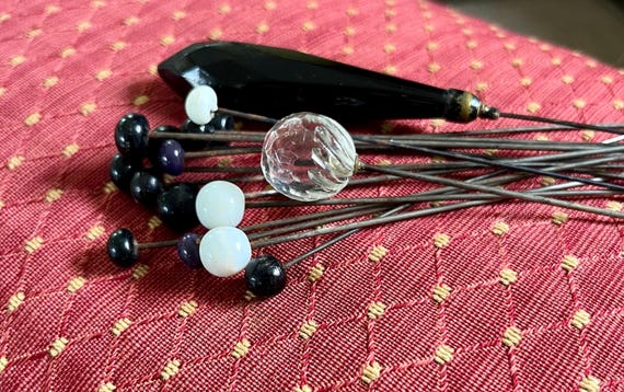 Lot of antique hat pins blown glass pearl ribbon 3” Lot of antique hat pins blown glass pearl ribbon 3” main image 2
