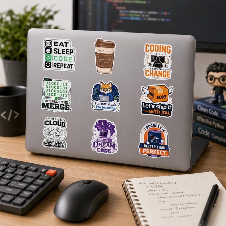K&ouml;nnte beinhalten: Ein silberner Laptopdeckel, der mit neun bunten Vinyl-Aufklebern mit Programmierthemen beklebt ist. Die Designs enthalten Texte wie Eat Sleep Code Repeat, Respect the Merge, There is no Cloud, Coding is how I create change und Dream in Code.